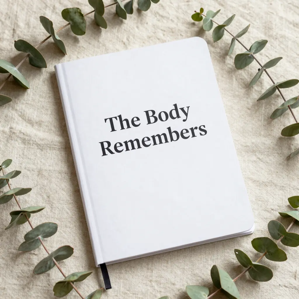 A journal titled “The Body Remembers” surrounded by eucalyptus stems