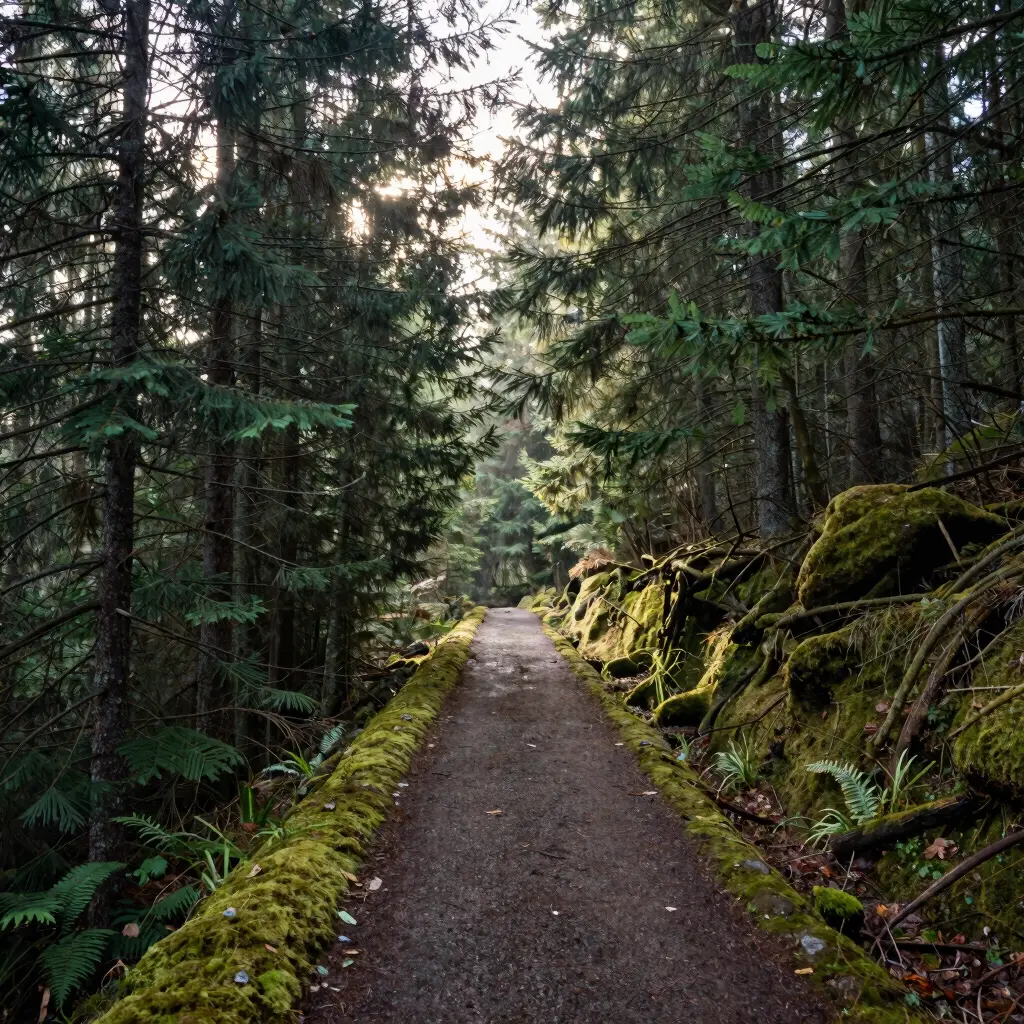 Morning sun filtering through evergreens onto a mossy path