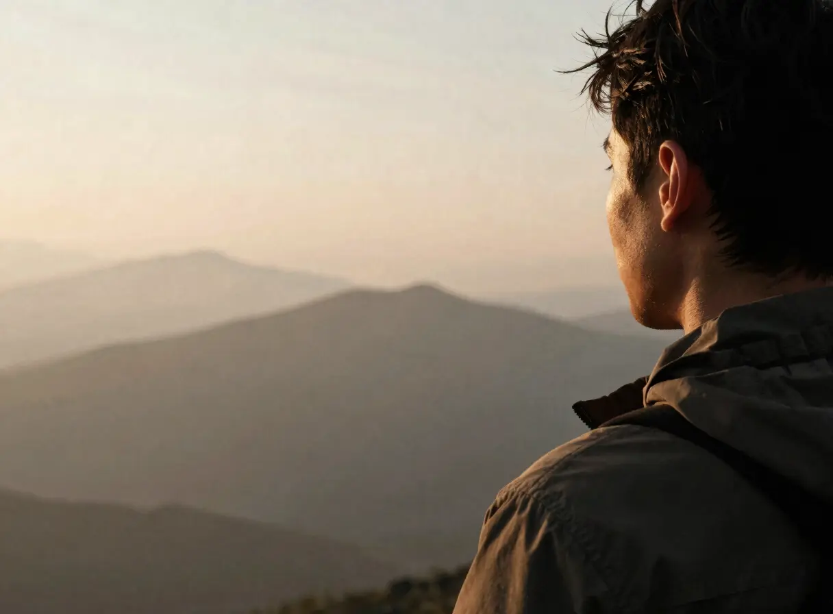 A person gazing out over misty mountain ridges at dusk