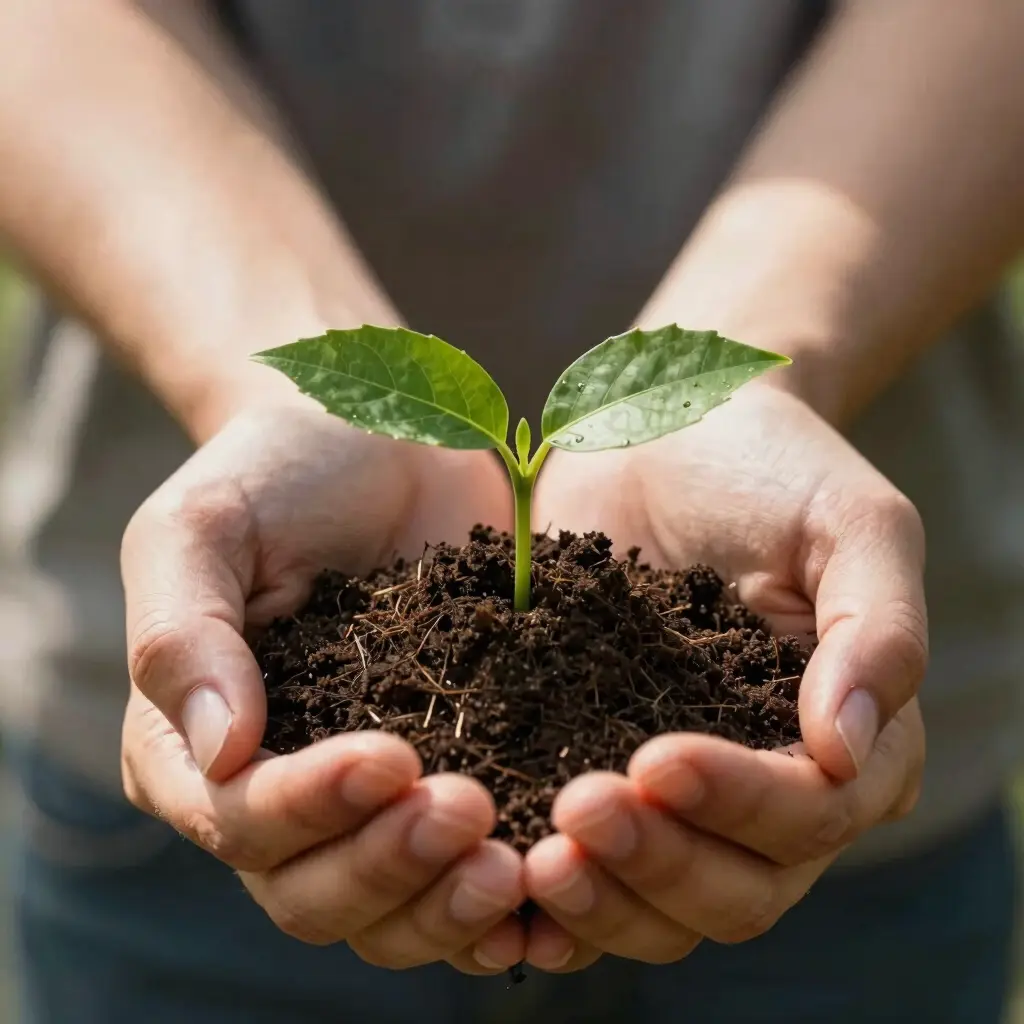A young seedling held in cupped hands
